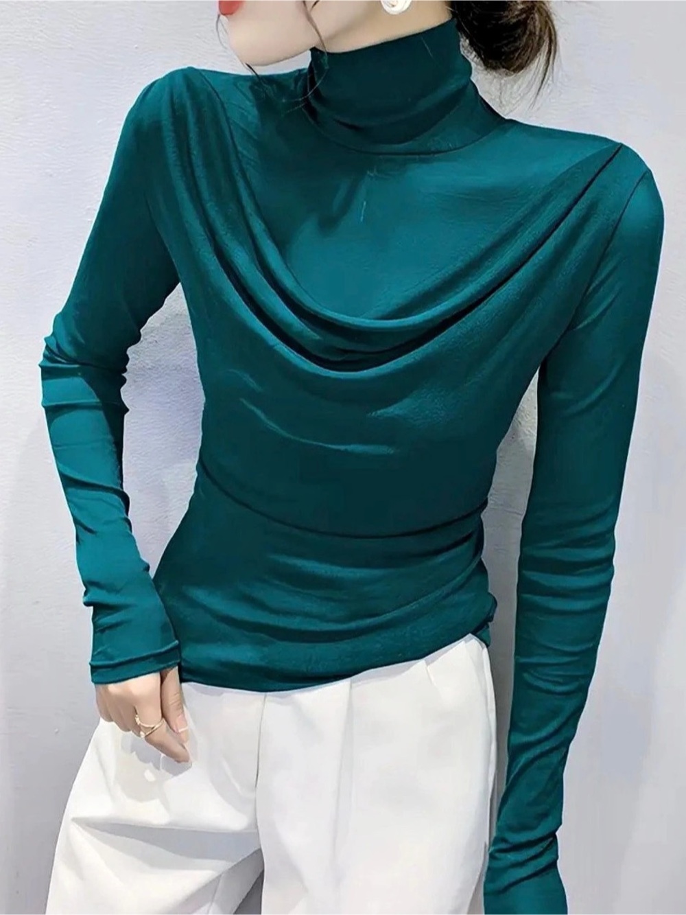 Long Sleeve Cowl Neck Top in Teal
